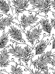 Seamless patterns with fir branches and barries. Doodles and sketches vector christmas illustration, isolated elements.