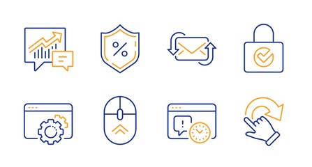 Loan percent, Seo gear and Project deadline line icons set. Accounting, Swipe up and Password encryption signs. Refresh mail, Rotation gesture symbols. Protection shield, Settings. Vector