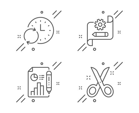 Cogwheel blueprint, Report document and Update time line icons set. Scissors sign. Edit settings, Growth chart, Refresh clock. Cutting tool. Science set. Line cogwheel blueprint outline icon. Vector