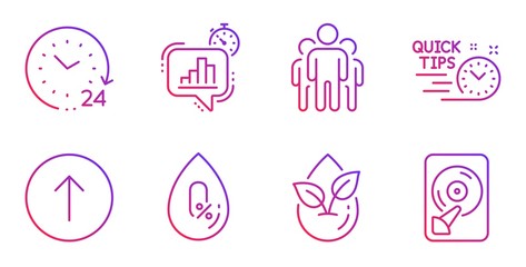 Organic product, Swipe up and 24 hours line icons set. No alcohol, Group and Statistics timer signs. Quick tips, Hdd symbols. Leaf, Scroll screen. Science set. Gradient organic product icon. Vector