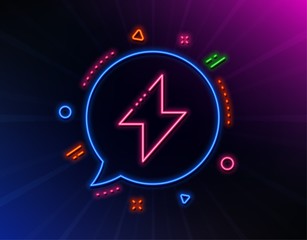 Energy line icon. Neon laser lights. Thunderbolt sign. Electric power symbol. Glow laser speech bubble. Neon lights chat bubble. Banner badge with energy icon. Vector
