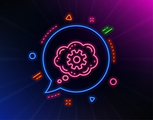 Cogwheel chat line icon. Neon laser lights. Engineering tool sign. Cog gear symbol. Glow laser speech bubble. Neon lights chat bubble. Banner badge with cogwheel icon. Vector