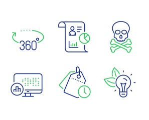 360 degrees, Chemical hazard and Time management line icons set. Report, Report statistics and Eco energy signs. Full rotation, Toxic death, Clock tags. Work statistics. Science set. Vector
