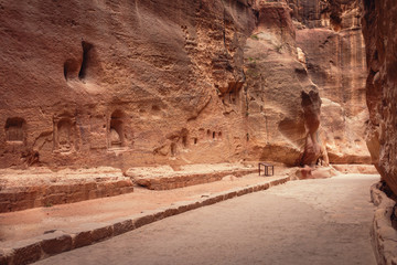 Niches on the wall of the Siq once containing Nabataean sculptures representing gods, Petra, Jordan