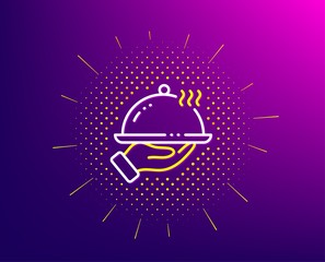 Restaurant food line icon. Halftone pattern. Dinner sign. Hotel room service symbol. Gradient background. Restaurant food line icon. Yellow halftone pattern. Vector