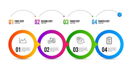 Graph chart, 24 hours and Diagram line icons set. Timeline infographic. Checklist sign. Growth report, Repeat, Growth graph. Survey. Finance set. Graph chart icon. Timeline diagram. Vector