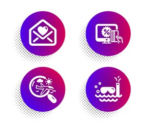 Love letter, Search flight and Online shopping icons simple set. Halftone dots button. Scuba diving sign. Heart, Airplane trip, Black friday. Trip swimming. Holidays set. Vector