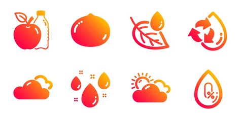 Apple, Leaf dew and Rainy weather line icons set. Sunny weather, Recycle water and Macadamia nut signs. No alcohol symbol. Diet food, Water drop. Nature set. Gradient apple icons set. Vector