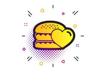Hamburger icon. Halftone dots pattern. Burger food symbol. Cheeseburger sandwich sign. Classic flat burger icon. Vector