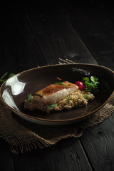 Meat steak with pearl barley . catering menu