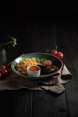 Meatloaf with potatoes straws . catering menu