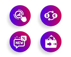 Currency exchange, New and Graph chart icons simple set. Halftone dots button. Wallet sign. Banking finance, Discount, Get report. Money payment. Finance set. Vector
