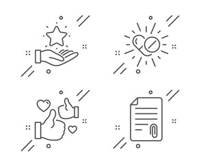 Fototapeta premium Medical drugs, Like and Loyalty program line icons set. Attachment sign. Medicine pills, Thumbs up, Bonus star. Attach file. Business set. Line medical drugs outline icon. Vector