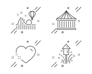Roller coaster, Heart and Carousels line icons set. Fireworks sign. Attraction park, Love, Christmas pyrotechnic. Holidays set. Line roller coaster outline icon. Vector