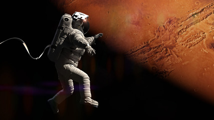 astronaut during a space walk in orbit of planet Mars