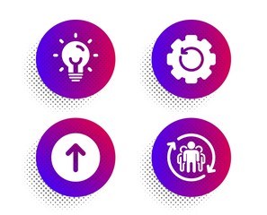 Energy, Swipe up and Recovery gear icons simple set. Halftone dots button. Teamwork sign. Lightbulb, Scroll screen, Backup info. Employees change. Science set. Classic flat energy icon. Vector