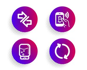 Bitcoin pay, Synchronize and Water cooler icons simple set. Halftone dots button. Refresh sign. Mobile payment, Communication arrows, Office drink. Rotation. Business set. Vector