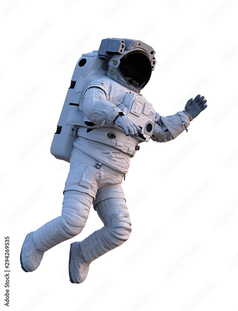 Wall mural astronaut floating in outer space, isolated on white background