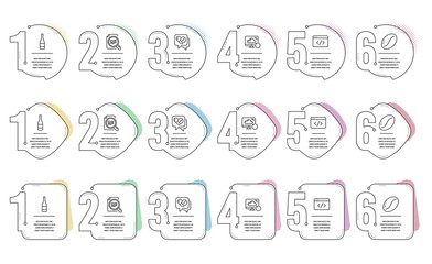 Seo script, Check article and Medical drugs line icons set. Infographic timeline. Champagne bottle, Coffee beans and Recovery cloud signs. Programming, Magnifying glass, Medicine pills. Vector