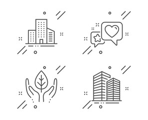 Heart, Fair trade and Buildings line icons set. Skyscraper buildings sign. Star rating, Safe nature, City architecture. Town architecture. Line heart outline icon. Vector