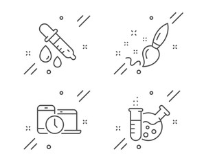 Chemistry pipette, Time management and Paint brush line icons set. Chemistry lab sign. Laboratory, Laptop device, Creativity. Education set. Line chemistry pipette outline icon. Vector