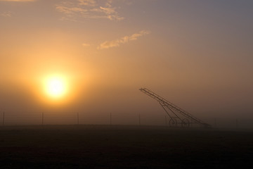 Sunrise in Fog with Farm Equipment
