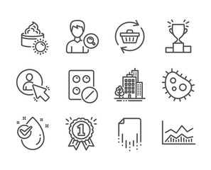 Set of Business icons, such as Refresh cart, Bacteria, Buildings, Water drop, Medical tablet, Search people, Winner podium, Recovery file, User, Reward, Trade infochart, Sun cream. Vector