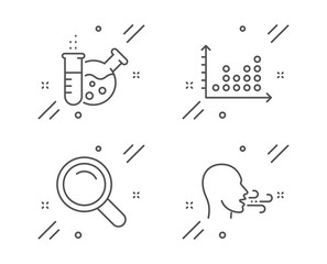 Chemistry lab, Search and Dot plot line icons set. Breathing exercise sign. Laboratory, Magnifying glass, Presentation graph. Breath. Science set. Line chemistry lab outline icon. Vector