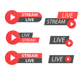 Set of red live streaming icons. Red symbols and buttons of live streaming. Set of on white background.