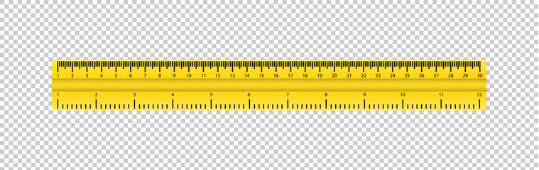 Realistic plastic yellow tape ruler on transparent background. Double sided measurement in cm and inches.