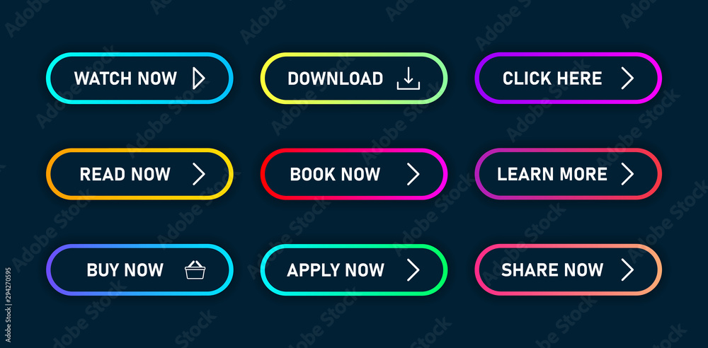 Poster colorful set of buttons with gradient and with multiple states for hover and click, isolated on dark