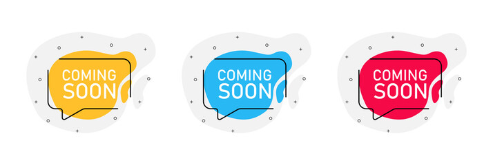 Obraz premium Coming soon. Three vector badge illustrations on white background. Quotes yellow, blue and red color.