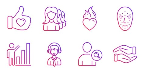 Like hand, Shipping support and Women headhunting line icons set. Face biometrics, Heart flame and Graph chart signs. Find user, Helping hand symbols. Thumbs up, Delivery manager. People set. Vector