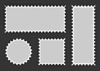 Set of postage stamp, collection square, circle and rectangular postage stamps, template on dark background. Vector Illustration.