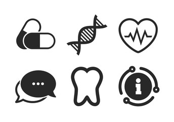 Pills, tooth, DNA and heart cardiogram signs. Chat, info sign. Maternity icons. Heartbeat symbol. Deoxyribonucleic acid. Dental care. Classic style speech bubble icon. Vector