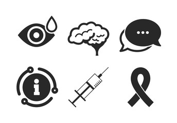 Syringe, eye with drop, brain and ribbon signs. Chat, info sign. Medicine icons. Breast cancer awareness symbol. Human smart mind. Classic style speech bubble icon. Vector