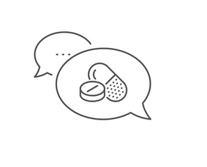 Medical drugs line icon. Chat bubble design. Medicine pills sign. Pharmacy medication symbol. Outline concept. Thin line medical drugs icon. Vector