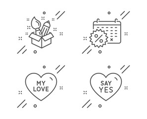 Creativity, My love and Calendar discounts line icons set. Say yes sign. Design idea, Sweet heart, Shopping. Wedding. Holidays set. Line creativity outline icon. Vector