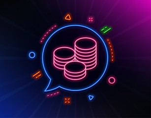 Coins money line icon. Neon laser lights. Banking currency sign. Cash symbol. Glow laser speech bubble. Neon lights chat bubble. Banner badge with tips icon. Vector