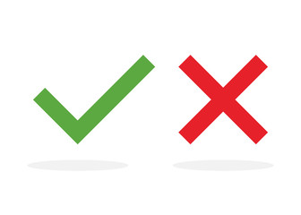 Obraz premium Tick and cross signs. Green check mark OK and red NO icon on white background. Simple marks graphic design. Vector illustration.