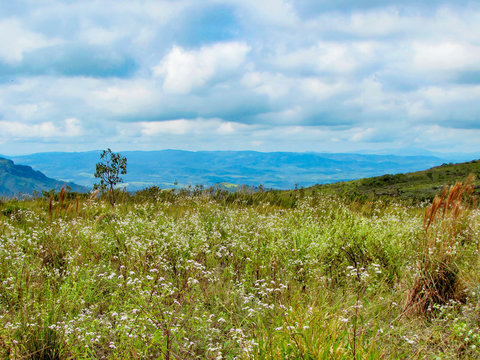 A view of a beautiful meadow in between the mountains on a park called Serra dos Alves in Brazil