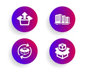 Return parcel, Send box and Buildings icons simple set. Halftone dots button. Packing boxes sign. Exchange of goods, Delivery package, City architecture. Industrial set. Vector