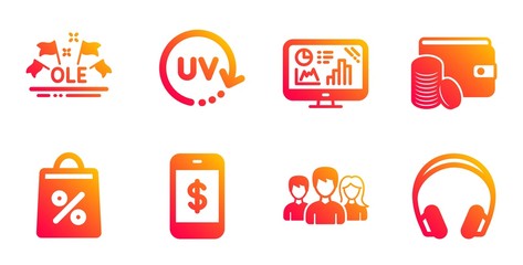 Analytics graph, Shopping bag and Teamwork line icons set. Uv protection, Ole chant and Smartphone payment signs. Payment method, Headphones symbols. Growth report, Supermarket discounts. Vector