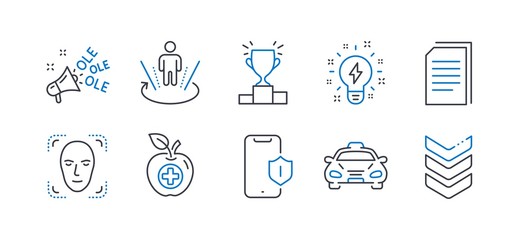 Set of Business icons, such as Medical food, Augmented reality, Smartphone protection, Face detection, Winner podium, Ole chant, Copy files, Taxi, Inspiration, Shoulder strap line icons. Vector