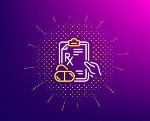 Prescription Rx recipe line icon. Halftone pattern. Medicine drugs pills sign. Gradient background. Prescription drugs line icon. Yellow halftone pattern. Vector