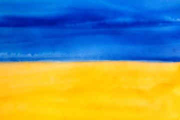 National flag of Ukraine. Horizontal bands of blue and yellow colors. Hand drawn watercolour graphic drawing with artistic brush strokes. Beautiful backdrop for creative design, postcard, print.