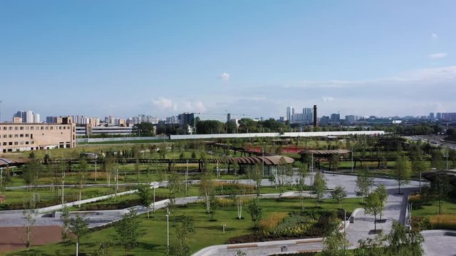 Picturesque drone aerial fly over view of Park Tiufielieva Roshcha in Moscow, Russia. Park ZILART in the south of Moscow