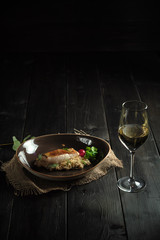 Meat steak with pearl barley . catering menu