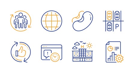 Project deadline, Hotel and Refresh like line icons set. Parking place, Beans and Teamwork signs. Globe, Report symbols. Time management, Travel. Business set. Line project deadline icon. Vector
