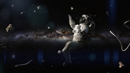 astronaut in distress, space debris in orbit of planet Earth © dottedyeti
